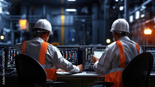 A team of engineers analyzing real-time data from a power grid control center