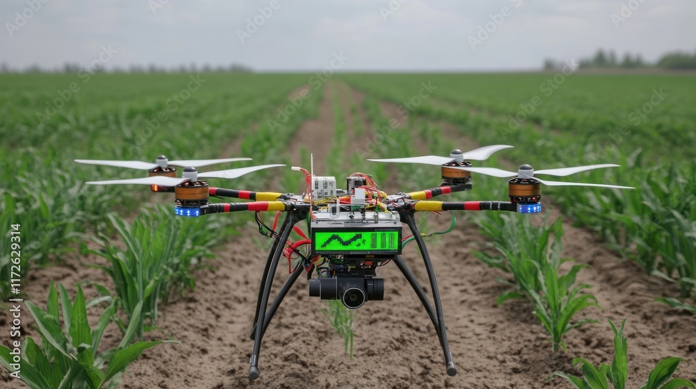 Drone positioned in a field for agricultural monitoring. Drone positioned in a field for agricultural monitoring.