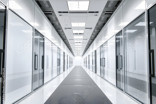 A long, white office corridor with stainless steel doors, glass walls, lighting on the ceiling. The interior of an industrial building or data center is minimalist in style.
