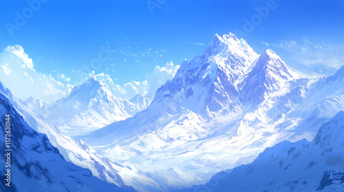 natural snow covered mountain with snow covered frozen surface, Winter season morning snow covered mountains under a clear sky, Beautiful snow covered view of mountains from valley in winter season.