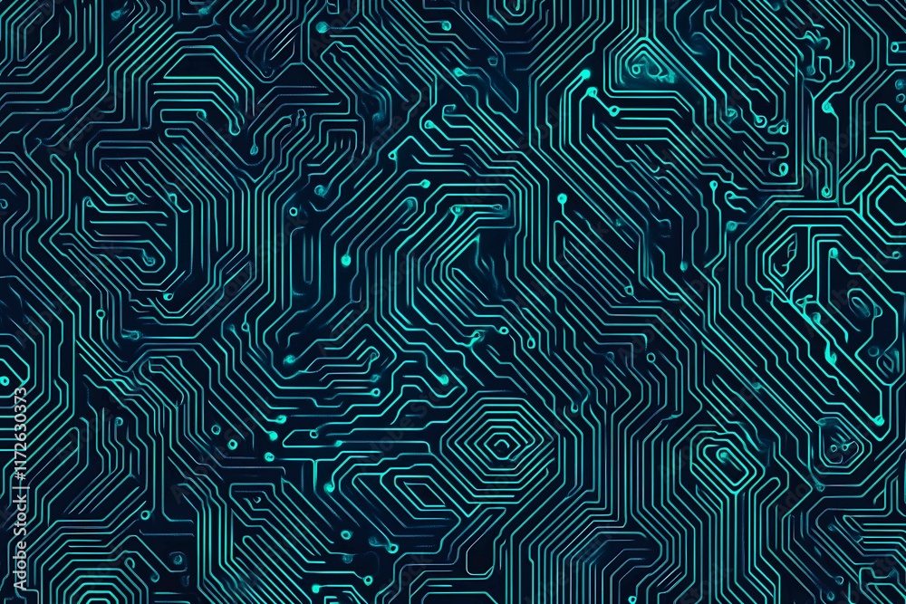 Obraz premium Abstract close-up of a glowing blue digital circuit board, showcasing intricate connections and technological design on a black background. 