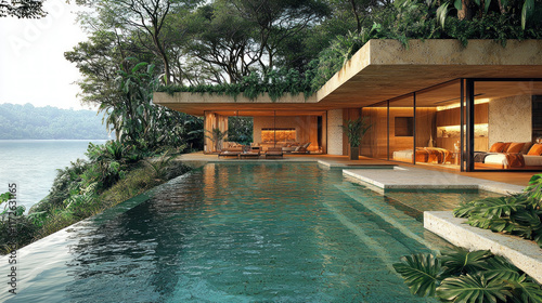 Modern jungle villa with infinity pool overlooking lake