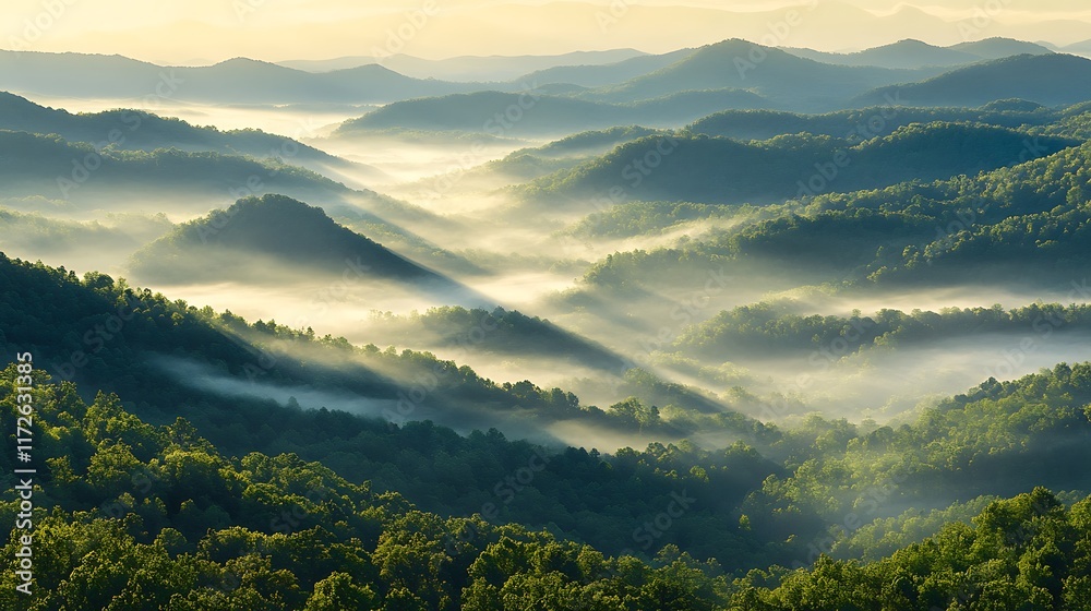 Obraz premium 15. Calm and serene mountain valley filled with morning mist and scattered light rays