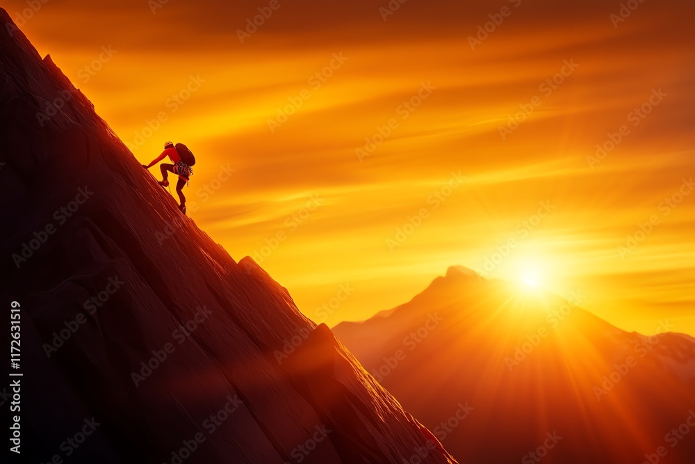 A climber ascends a rocky peak at sunset, silhouetted against a vibrant sky, embodying adventure and determination in nature's beauty. A climber ascends a rocky peak at sunset, silhouetted against a vibrant sky, embodying adventure and determination in nature's beauty.