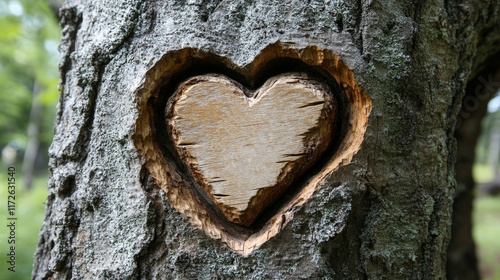 heart-shaped carving on the bark of a tree, revealing the wood beneath. The textured bark contrasts with the smooth carved heart, set against a blurred, natural green background photo