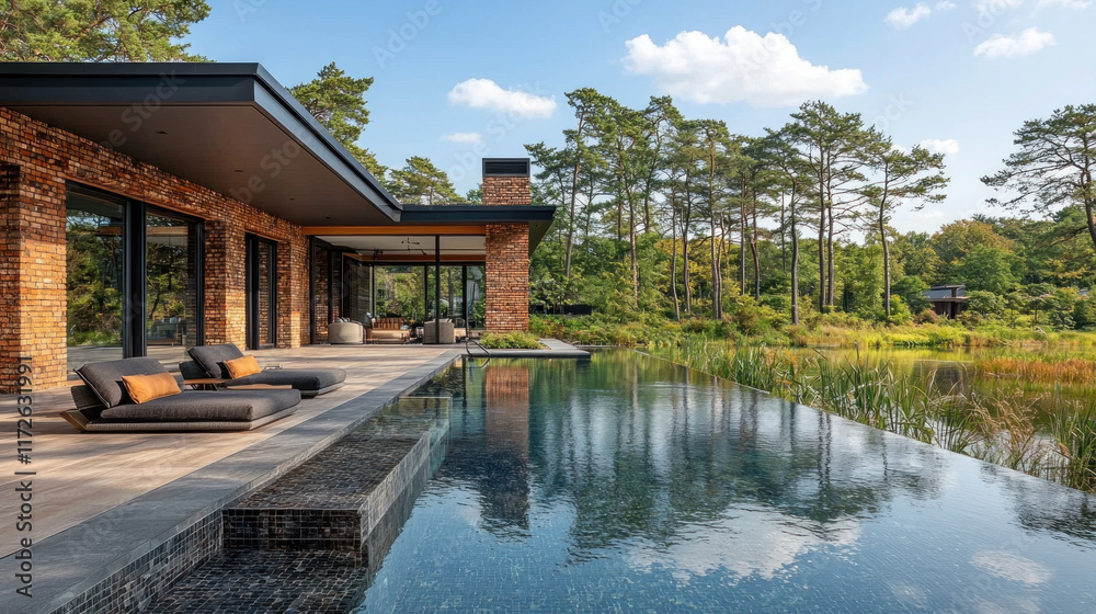 Fototapeta premium Modern forest house with pool, patio lounge, reflecting trees