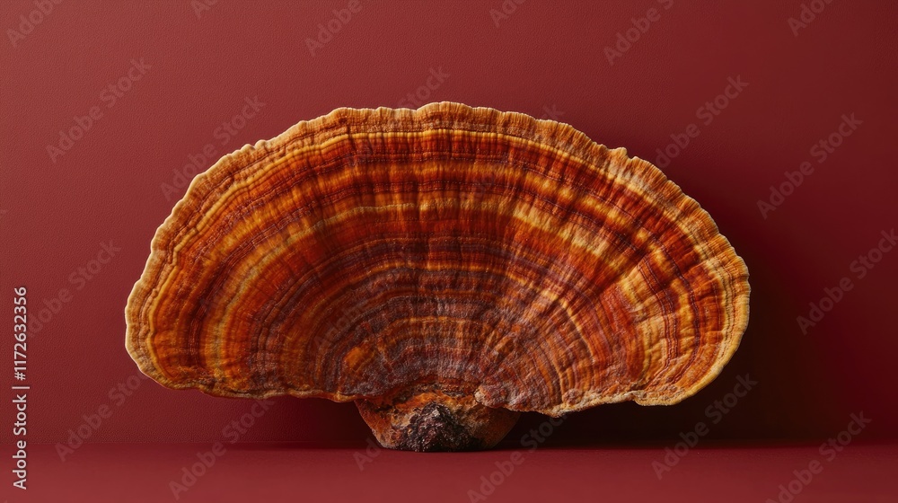 Obraz premium Single Reishi mushroom isolated on a red background, with sharp focus on its textured surface and earthy tones.