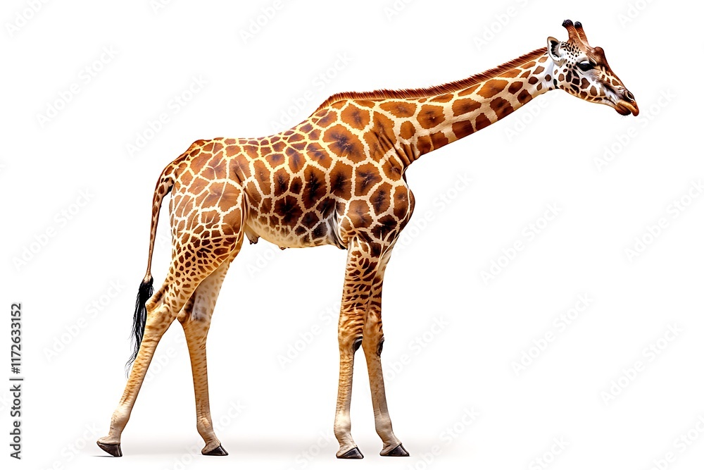 Fototapeta premium A Single Giraffe Stands Isolated Against White Background