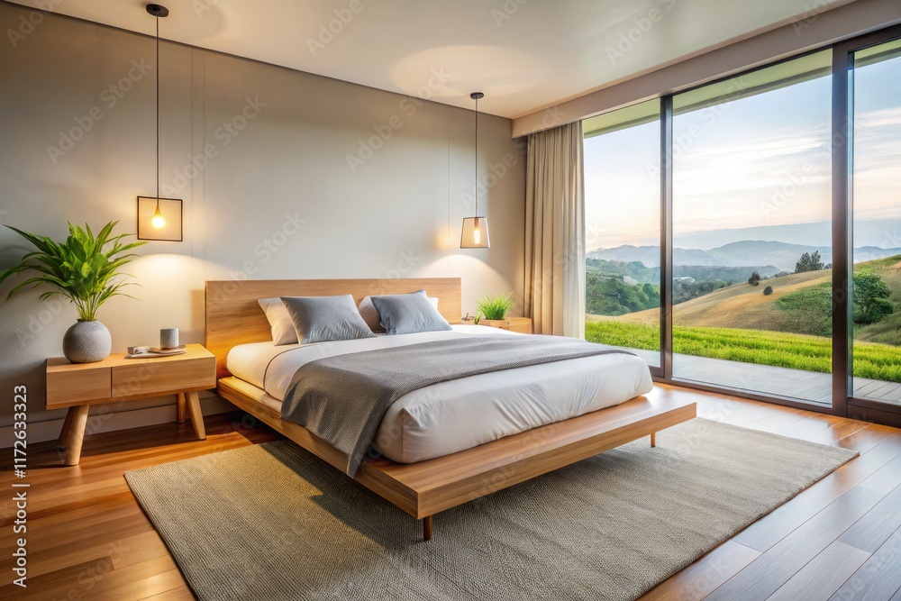 A low bed and wooden nightstand define this minimalist bedroom's bright, natural light-filled space. A low bed and wooden nightstand define this minimalist bedroom's bright, natural light-filled space.