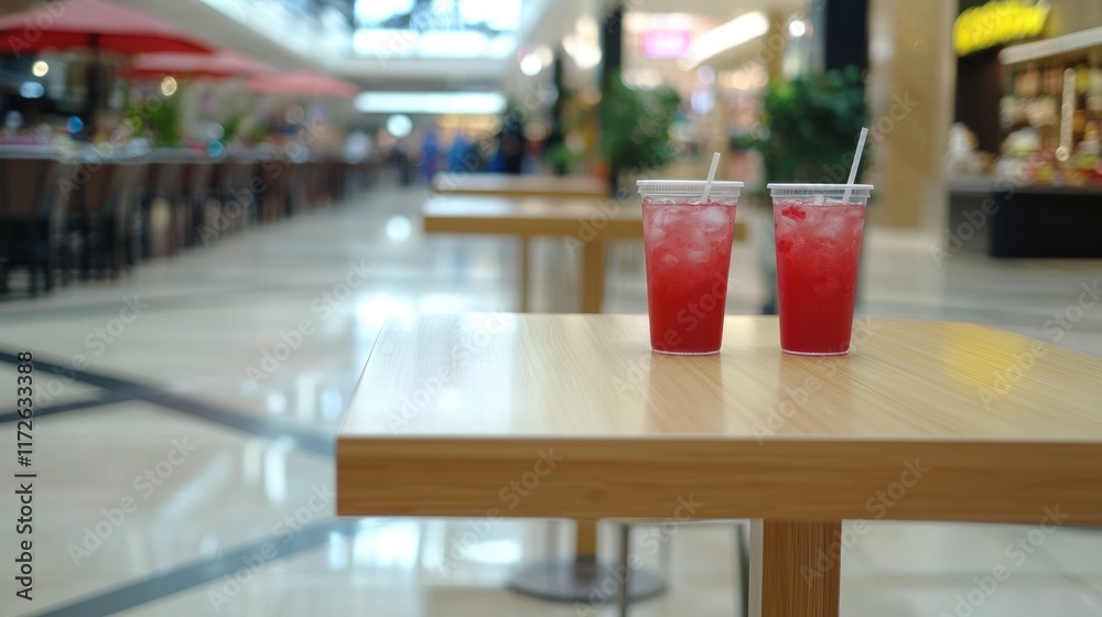 Two glasses of red juice on a table in a food court. Two glasses of red juice on a table in a food court.