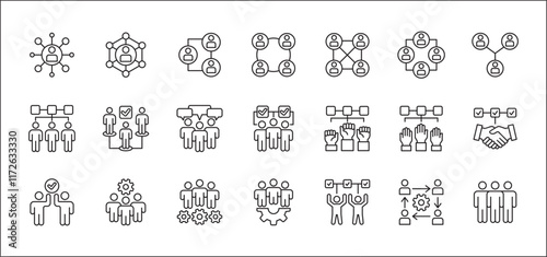 Business teamwork and network vector icon set. Cooperation business thin line icons. Contains symbol icons of connection, management, team, group, relationship, leadership, deliberation, forum.