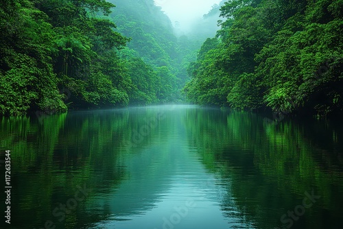 Calm river flows through lush green rainforest under misty weather in the early morning