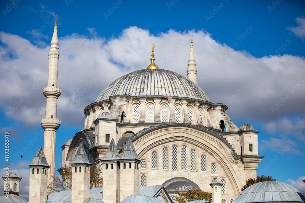 A beautiful view of the Nuruosmaniye Camii, the mosque near the Grand Bazaar in Istanbul, Turkey