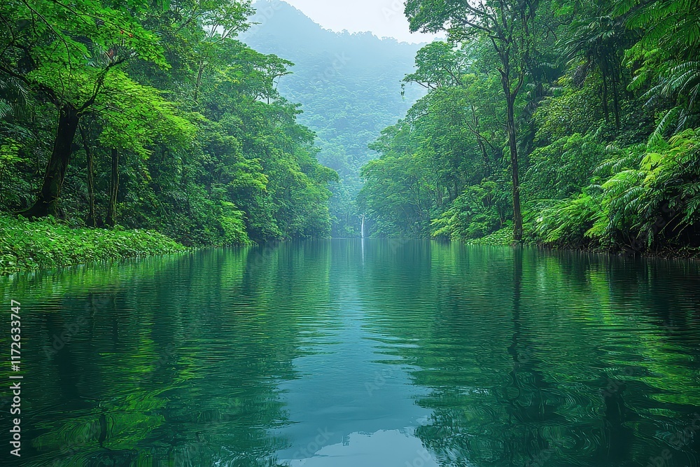 Pristine river reflecting dense greenery in a tranquil jungle landscape during the early morning hours Pristine river reflecting dense greenery in a tranquil jungle landscape during the early morning hours