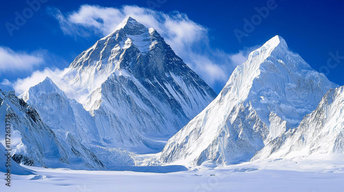 natural snow covered mountain with snow covered frozen surface, Winter season morning snow covered mountains under a clear sky, Beautiful snow covered view of mountains from valley in winter season.