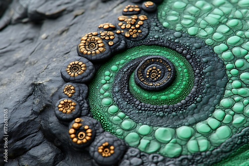 Close-up of a green and black spiral art piece on dark stone. photo