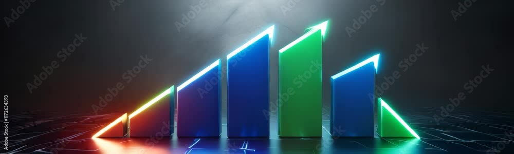 Neon bar graph rising, stock market informations. Growing Bar concept. Banner wide
