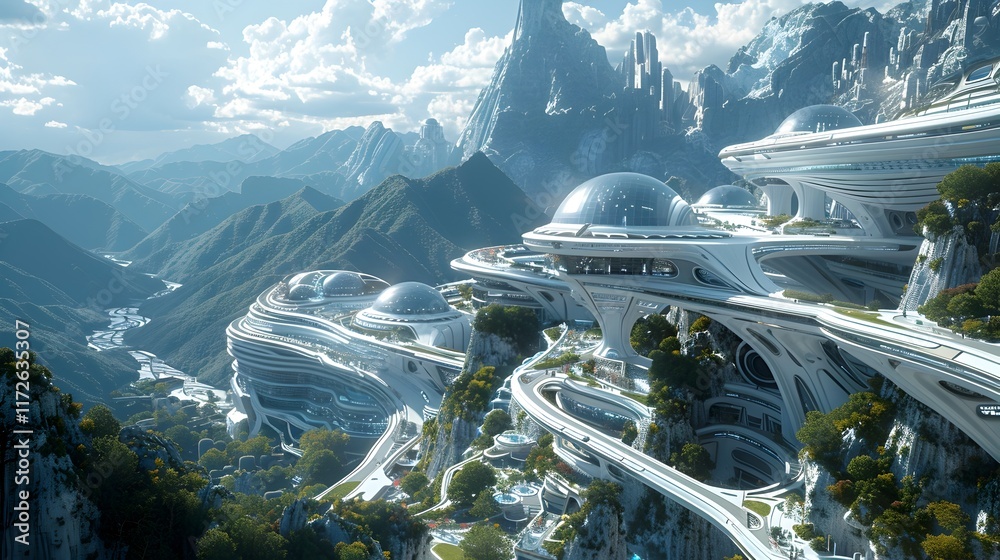 Fototapeta premium Futuristic Mountainous Cityscape with Visionary Architectural Structures Blending Seamlessly into the Landscape