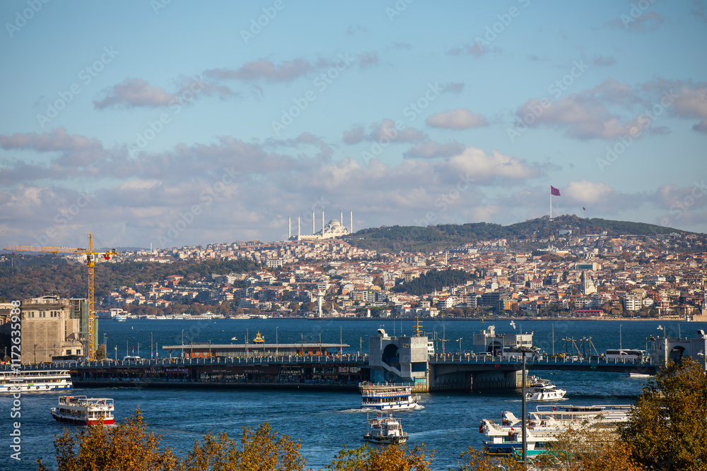Istanbul Province, Üsküdar District, Bosphorus view, Çamlıca Tower, Maiden's Tower and Theology Mosque.