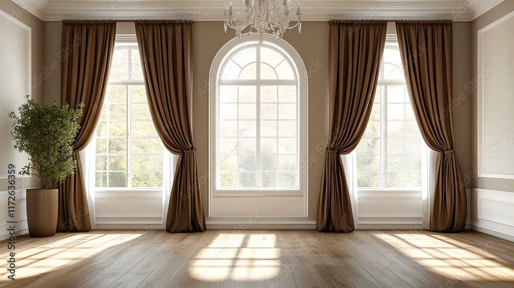 Fototapeta premium Elegant natural light living room with curtains and windows