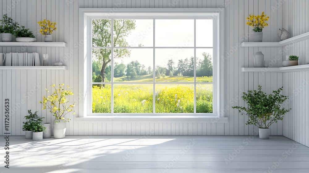 Fototapeta premium Sunny window view green fields interior design home nature