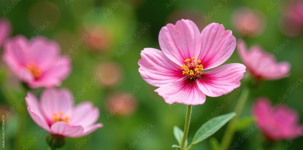 Pink dusty miller flowers blooming in a summer garden with rose campion and mullein, fresh, dusty miller