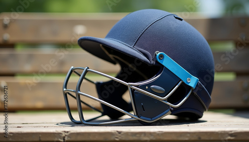 Blue cricket helmet mockup on wooden bench for sports equipment display