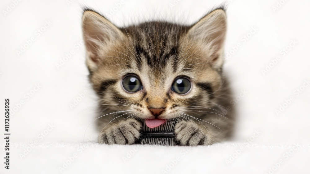 Playful kitten grooming with a comb cozy indoor setting cute animal portrait adorable feline enthusiasm Playful kitten grooming with a comb cozy indoor setting cute animal portrait adorable feline enthusiasm
