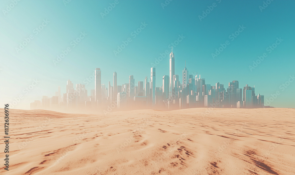 A futuristic city skyline emerges from a desert landscape under a clear blue sky, showcasing a blend of nature and modern architecture. A futuristic city skyline emerges from a desert landscape under a clear blue sky, showcasing a blend of nature and modern architecture.