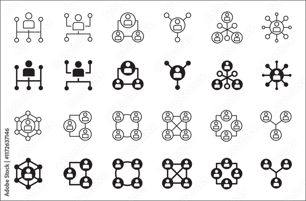 Business teamwork and network vector icon set. Cooperation business thin line icons. Contains symbol icons of connection, management, team, group, relationship, leadership, deliberation, forum. Business teamwork and network vector icon set. Cooperation business thin line icons. Contains symbol icons of connection, management, team, group, relationship, leadership, deliberation, forum.