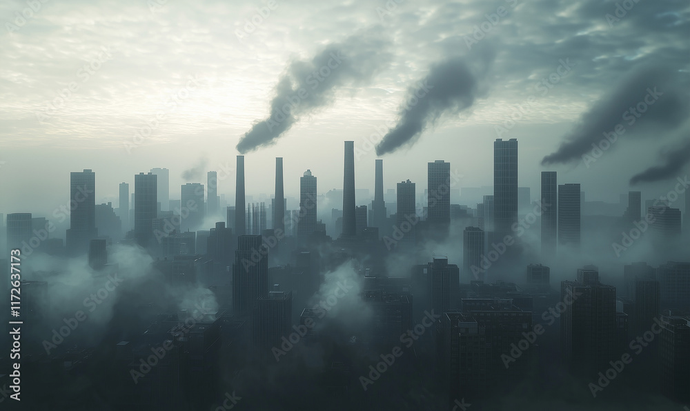 A city skyline shrouded in smog, with industrial smokestacks emitting pollution against a gloomy sky. A city skyline shrouded in smog, with industrial smokestacks emitting pollution against a gloomy sky.