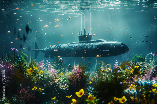 Beautiful large bathyscaphe floating in middle of deep ocean during exploration, abstract vivid composition consists of fictional unreal fantastic vision on background photo