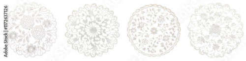Elegant white lace doily patterns forming intricate floral and decorative designs on a plain white background  Delicate