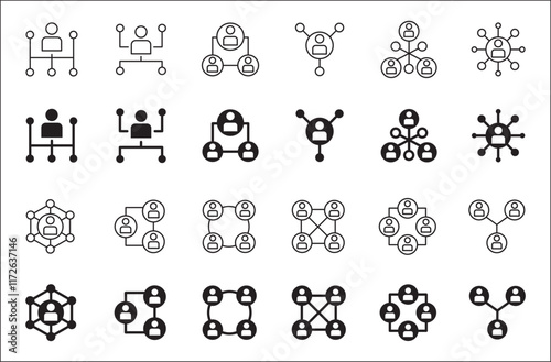 Business teamwork and network vector icon set. Cooperation business thin line icons. Contains symbol icons of connection, management, team, group, relationship, leadership, deliberation, forum.