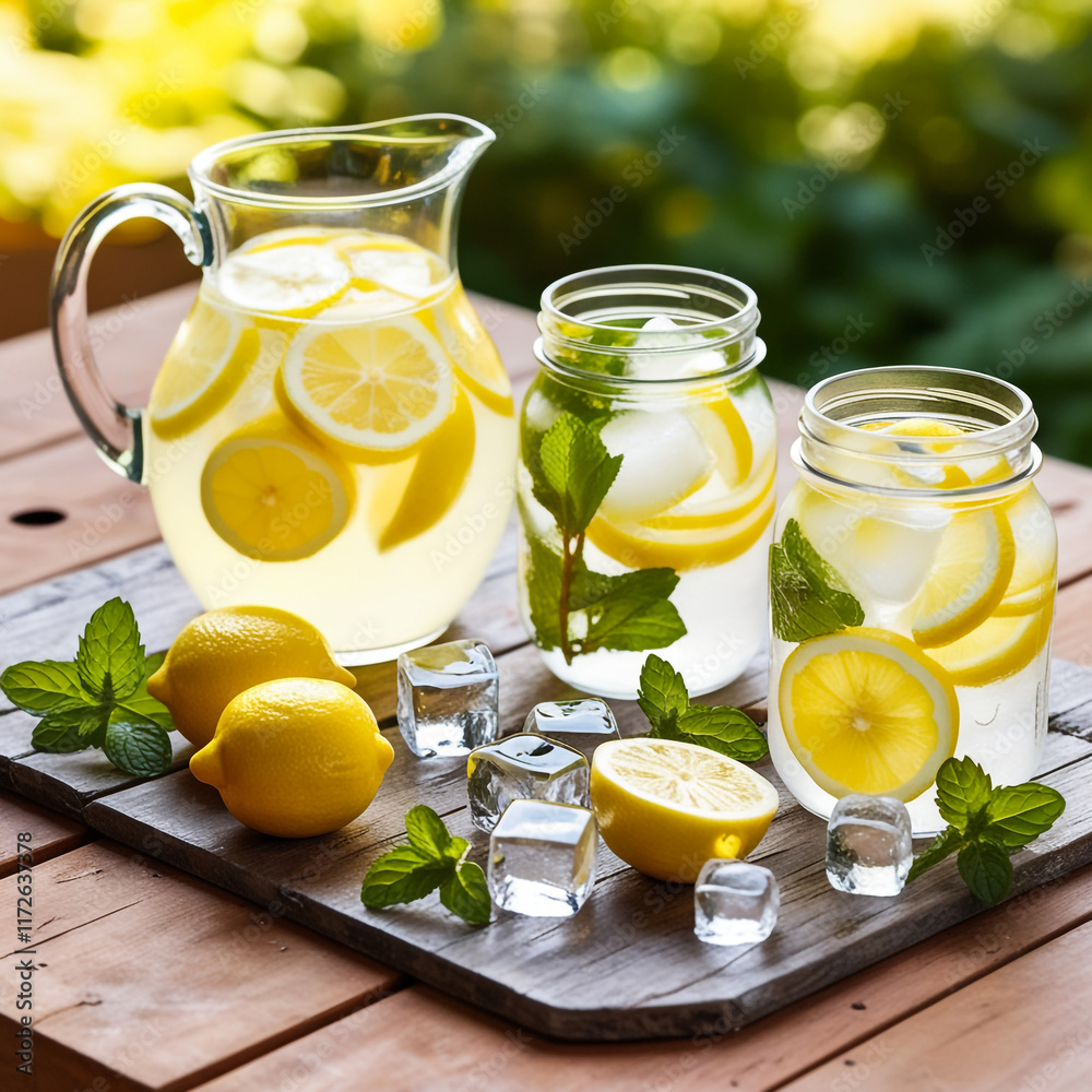 Summer refreshing drink with lemon slices on a table in the garden. Summer refreshing drink with lemon slices on a table in the garden.