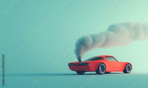 A red car emits smoke against a teal background, symbolizing pollution and automotive themes in a modern, stylized design. photo