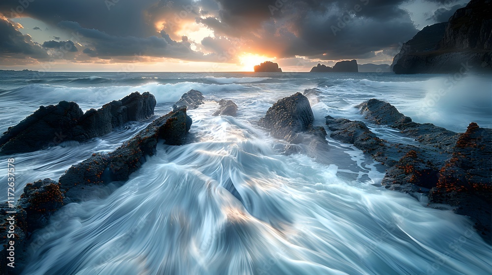 Obraz premium Tranquil Power: A Rugged Coastal Scene with Crashing Waves in Long Exposure