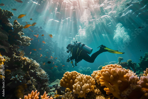 Beautiful diver goes on an underwater adventure in frighteningly deep blue sea, abstract vivid composition consists of fictional unreal fantastic vision on background