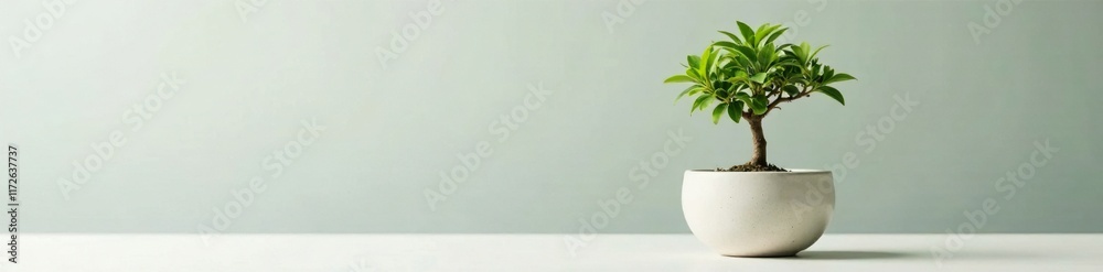 Small green tree in simple ceramic container rests, foliage, simple pot, minimalist Small green tree in simple ceramic container rests, foliage, simple pot, minimalist