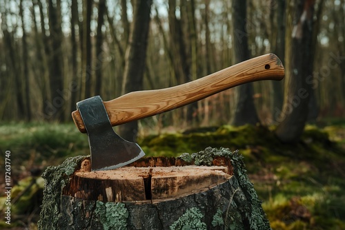 A wood axe with a wooden handle rests on a tree stump in a forest. The background shows many trees and moss. The axe is sharp and appears wellmade.