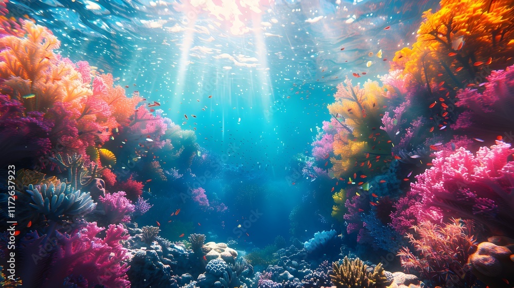 Obraz premium Vibrant Life Below: A Glimpse into the Dazzling Underwater Coral Reef Ecosystem
