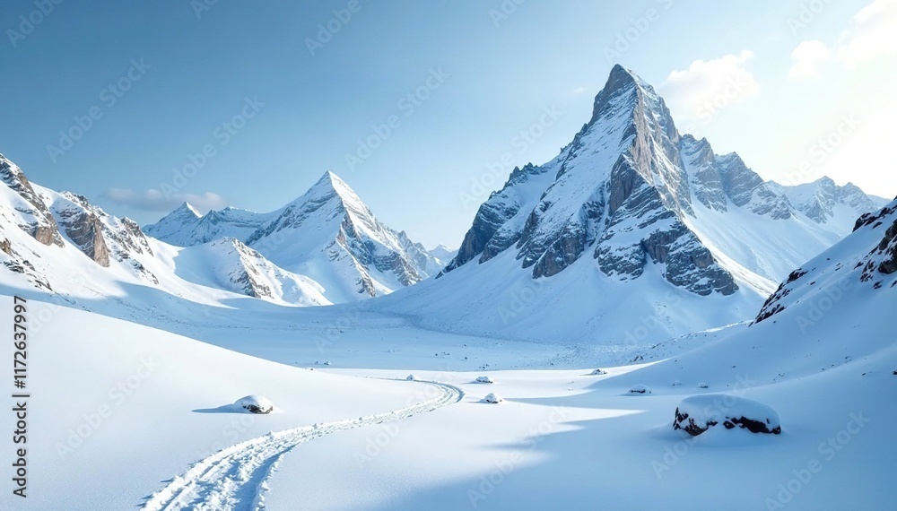 Fototapeta premium Snowy peaks rise above the frozen landscape, covered in a thick layer of snow, icy, winter, cold