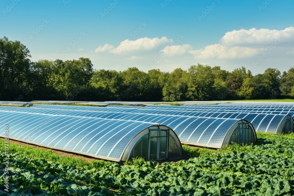 Sustainable farming with solar panel greenhouses in a lush landscape Sustainable farming with solar panel greenhouses in a lush landscape