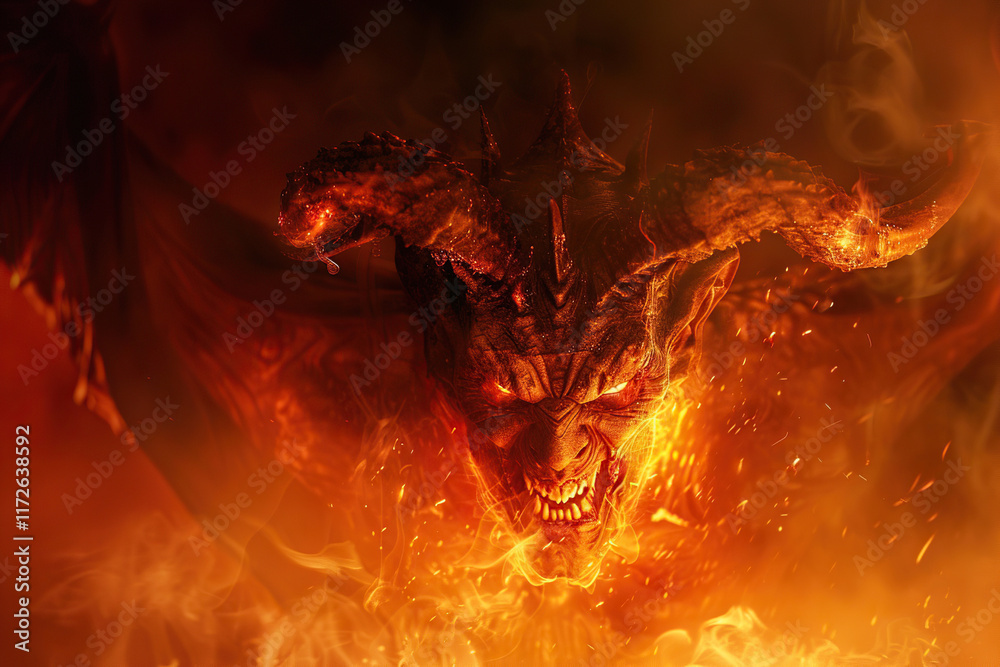 Naklejka premium Scary sinister devil is in hell with dramatic bright fire lighting, abstract vivid composition consists of fictional unreal fantastic vision on background