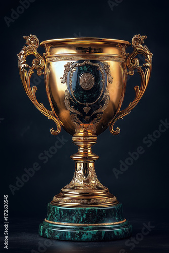 Extremely elegant and luxurious golden trophy with an emerald base, featuring classical patterns and engravings on the bowl. It symbolizes success and best performance. photo