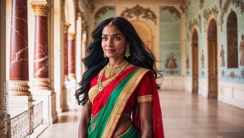 Bellissima giovane donna indiana con capelli neri e lunghi vestita in abiti tradizionali in un palazzo in India photo