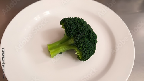 A small, uninspiring bundle of broccoli lies on a plain white plate, conveying a sense of disappointment and unappetizing healthy eating for kids. photo