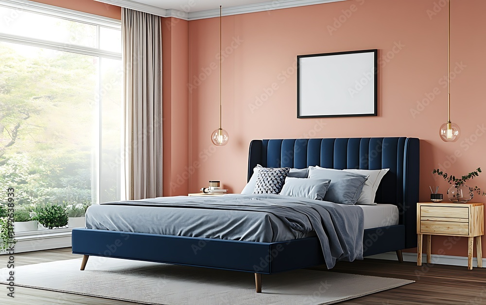 Modern bedroom interior design, calm atmosphere, large window, peach wall, potential use home decor. Modern bedroom interior design, calm atmosphere, large window, peach wall, potential use home decor.