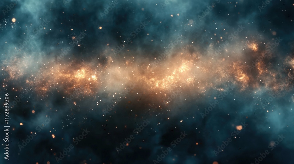 Naklejka premium Dramatic Background with Swirling Smoke, Colorful Clouds, and Particles Emanating from a Fiery Source in Cosmic Space Atmosphere