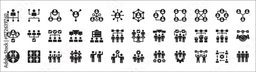 Business teamwork and connection vector icon set. Business network icons. Contains symbol icons of connection, collaboration, management, team, group, relationship, leadership, deliberation, forum.